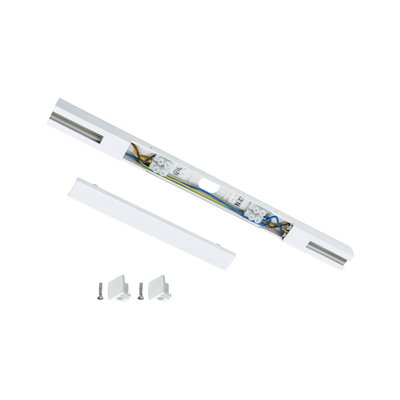 White aluminum connector with wires and screws for LED track lighting installation