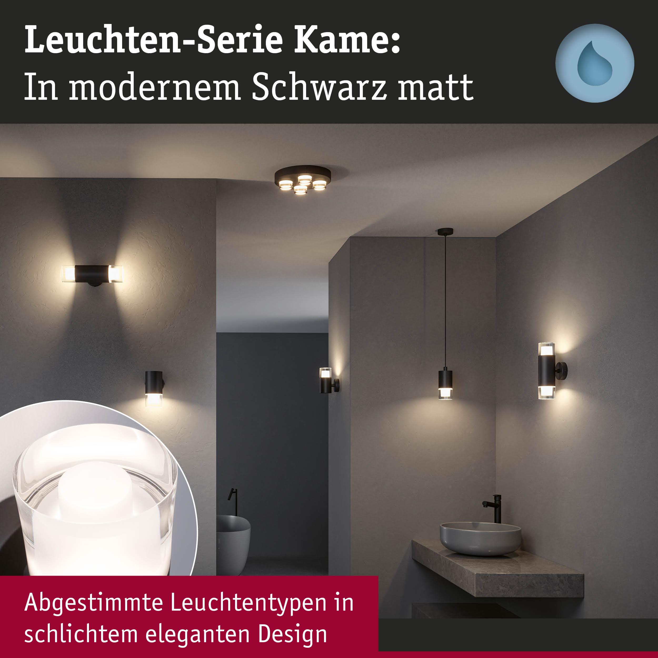 Leuchten-Serie Kame in mattem Schwarz mit abgestimmten Leuchtentypen für elegantes Bad-Design
