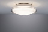 Subtiele plafondlamp met wit glas en transparante rand voor moderne verlichting.