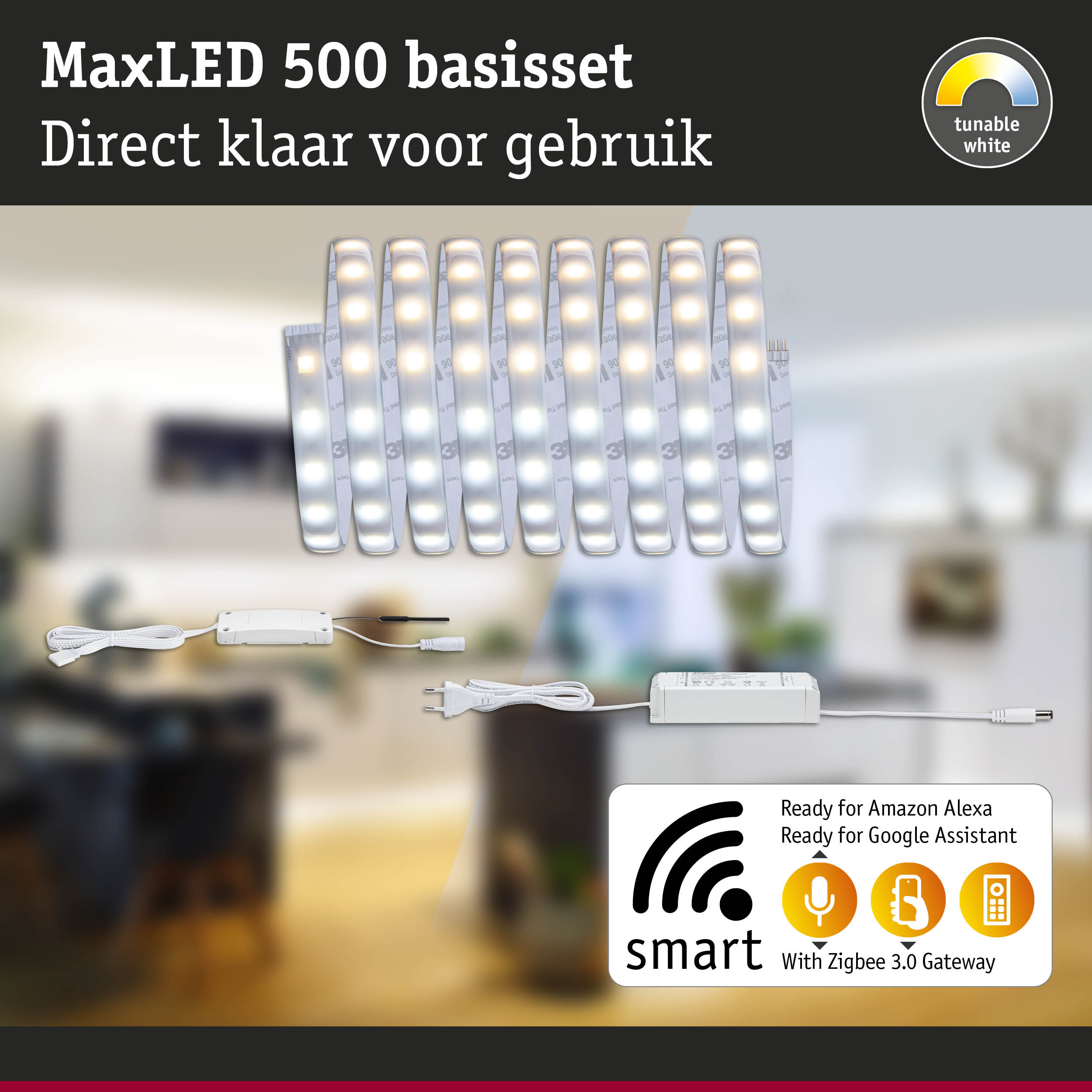 MaxLED 500 basisset met instelbaar wit licht, controller en kabels, slimme LED-verlichting