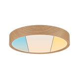 Round ceiling light with wooden frame and adjustable color temperature from cool to warm white.