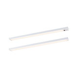 Two white aluminum LED under-cabinet lights with warm white light for modern kitchen lighting
