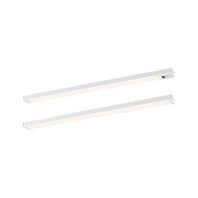 Two white aluminum LED under-cabinet lights with warm white light for modern kitchen lighting