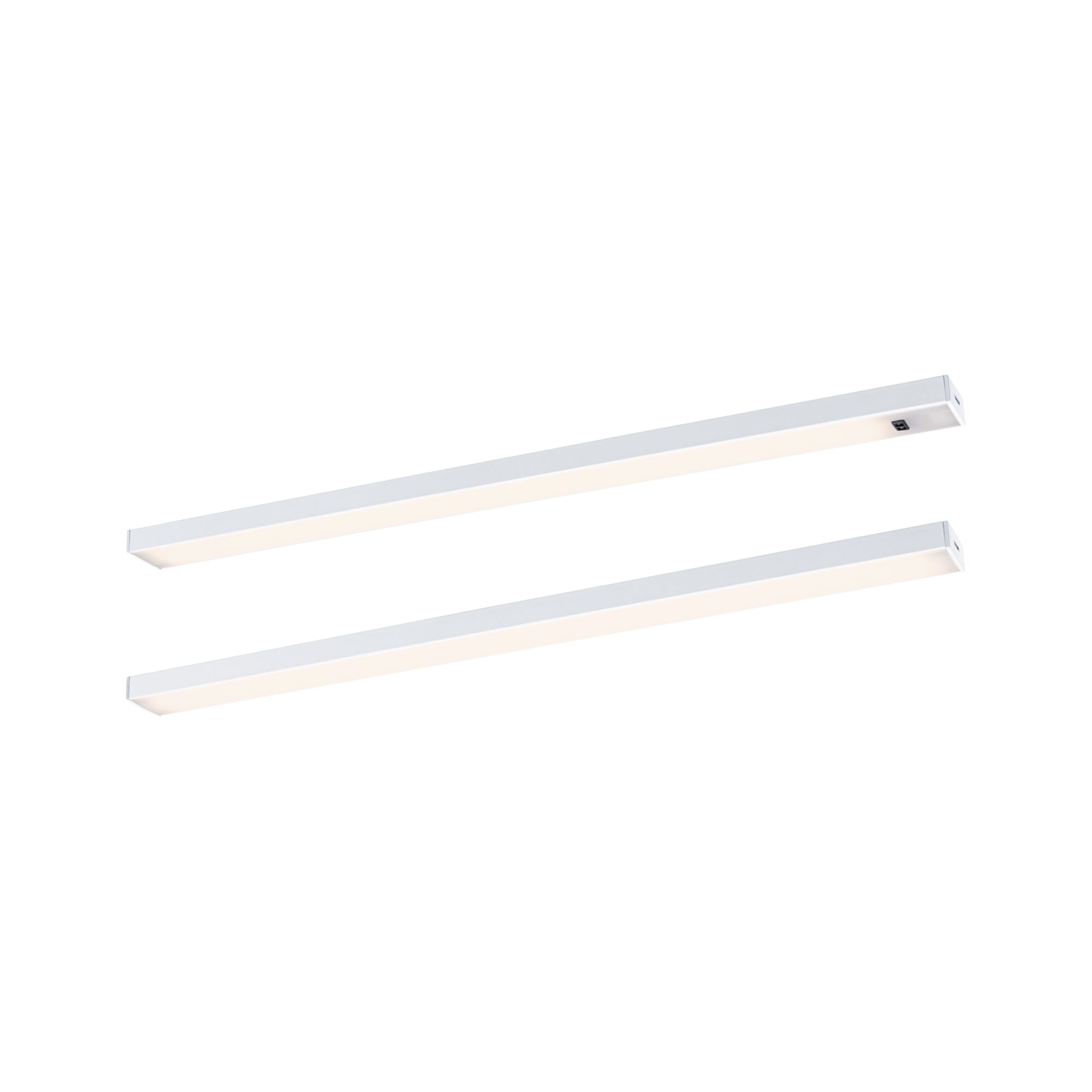LED Unterschrankleuchte Inline Starterset 3000K dimmbar 2x4W 350x26mm 2x350lm 230/24V Weiß matt Zwei weiße LED-Unterbauleuchten aus Aluminium mit warmweißem Licht für moderne Küchenbeleuchtung