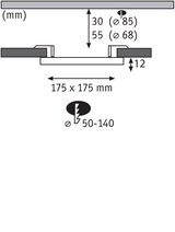 Technische tekening met afmetingen 175x175 mm en inbouwdiepte 12 mm voor LED-inbouwspot