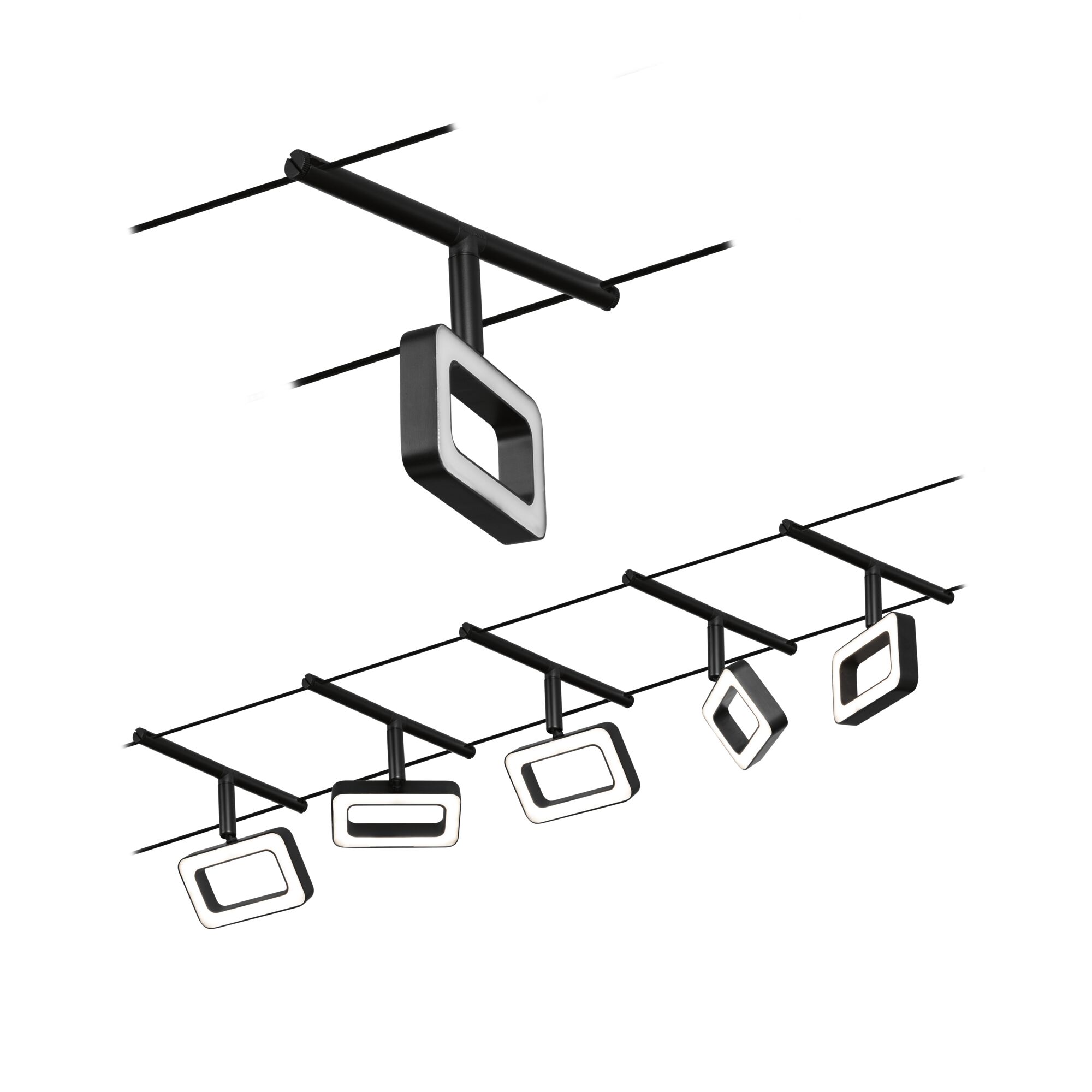 CorDuo LED-wiresystem Frame Basissæt 5x280lm 5x4,8W 3000K 230/12V Mat sort/Krom Sort LED-kablesystem med fem justerbare firkantede lamper til moderne indendørsbelysning