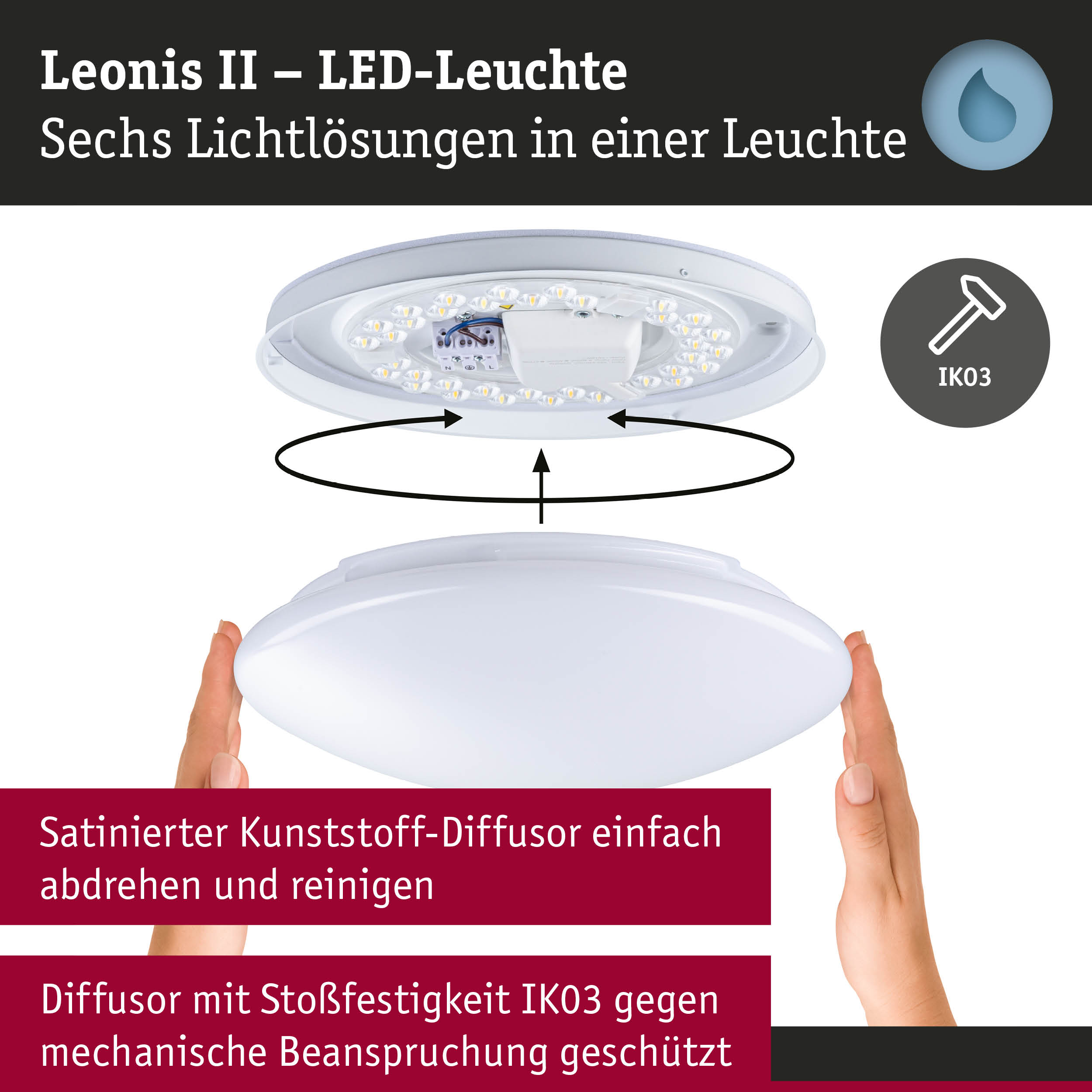 Weiße Leonis II LED-Deckenleuchte mit satiniertem Kunststoff-Diffusor und IK03 Stoßfestigkeit