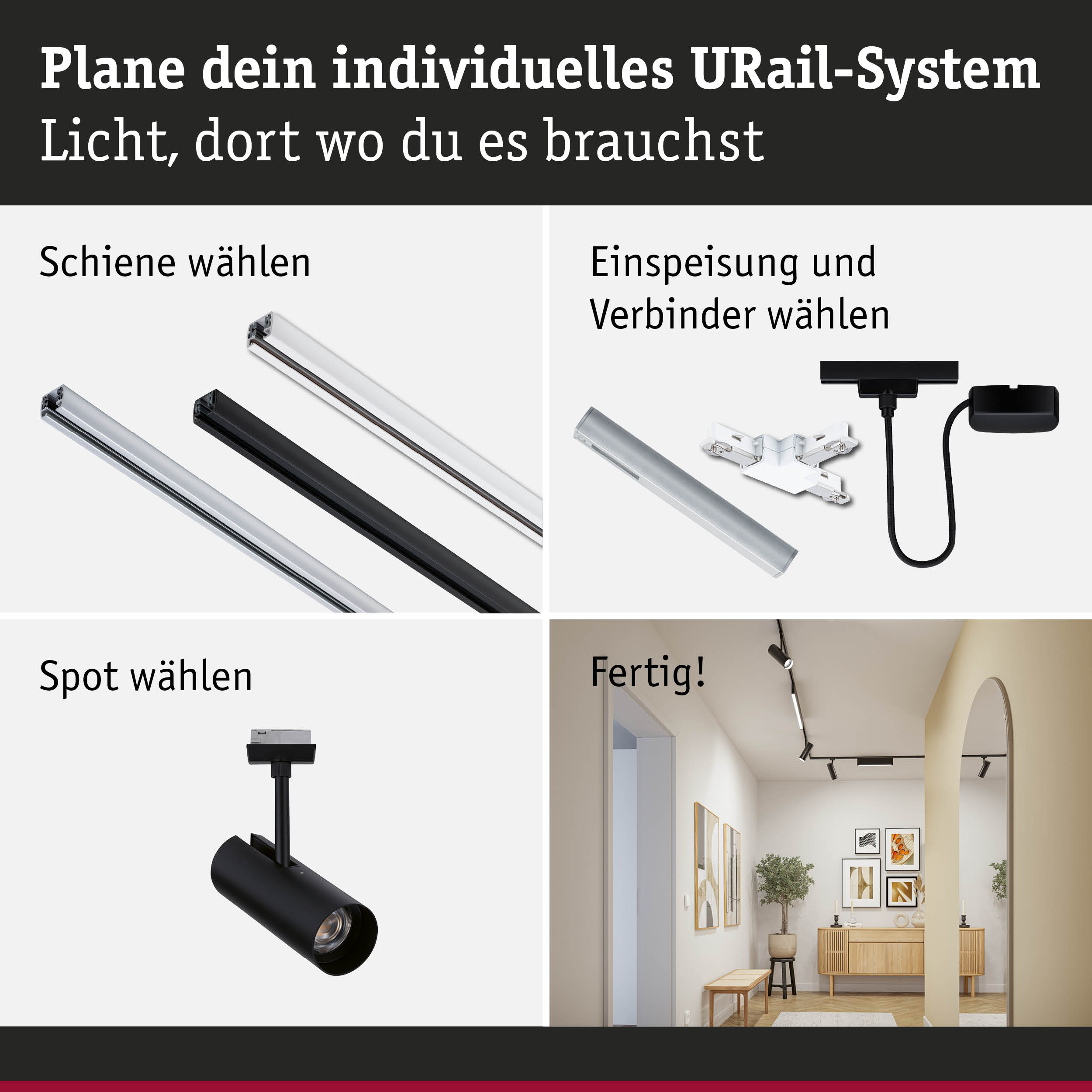 Modulares URail-Schienensystem in Schwarz und Weiß mit Spots und Steckern für flexible LED-Beleuchtung