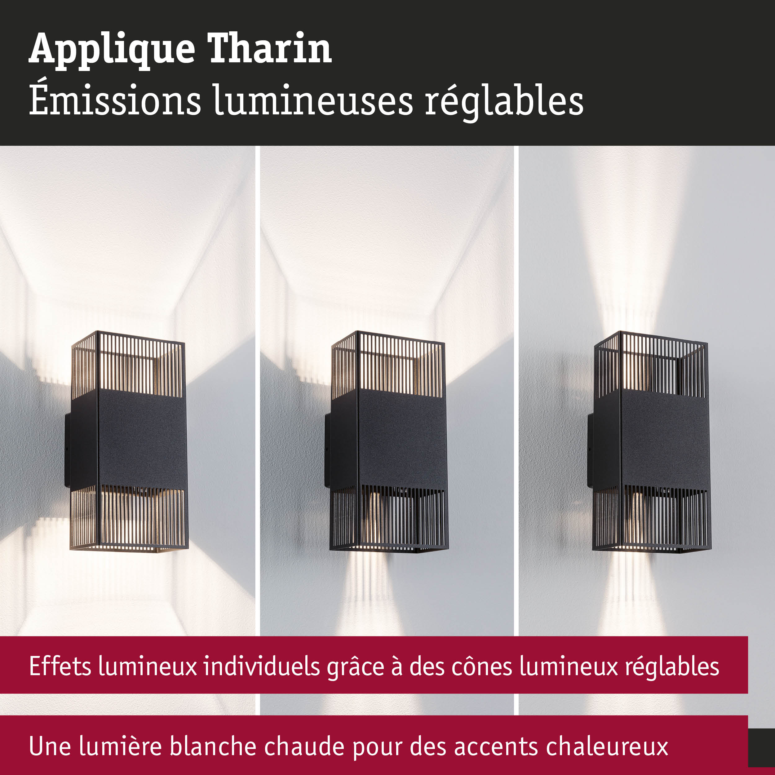 Applique murale Tharin en métal noir avec cônes lumineux réglables et lumière blanche chaude