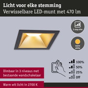 Vierkante zwarte LED-inbouwspot met warm wit licht en 3-traps dimfunctie