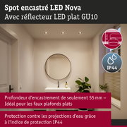 Spot encastré LED Nova avec réflecteur plat GU10, profondeur d’encastrement 55 mm, protection IP44