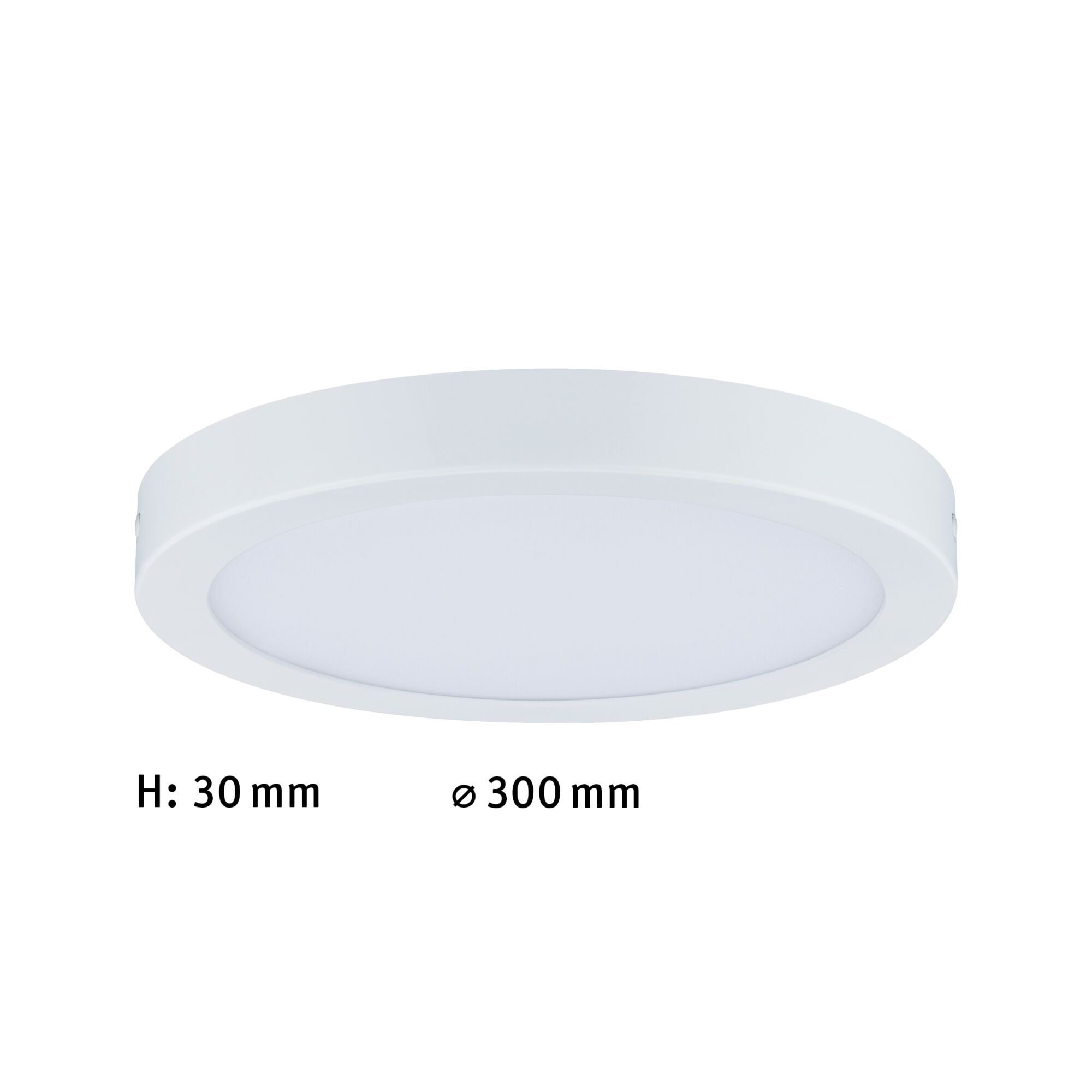 Flad rund hvid LED-loftslampe med 30 mm højde og 300 mm diameter til opholdsrum