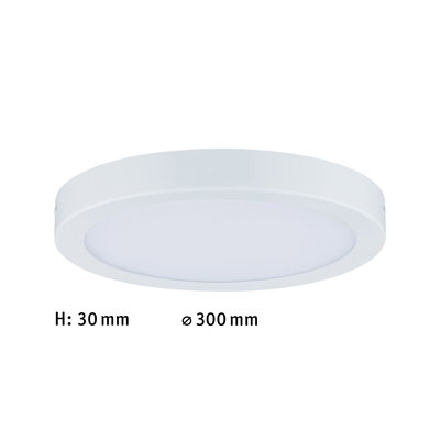 Flat round white LED ceiling light with 30 mm height and 300 mm diameter for living spaces