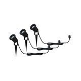 Three black LED garden spotlights with ground spikes and cables for outdoor garden lighting.