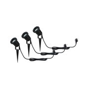 Three black LED garden spotlights with ground spikes and cables for outdoor garden lighting.