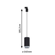 Black metal cylindrical pendant light measuring 185.2 cm length and 14 cm diameter for modern lighting