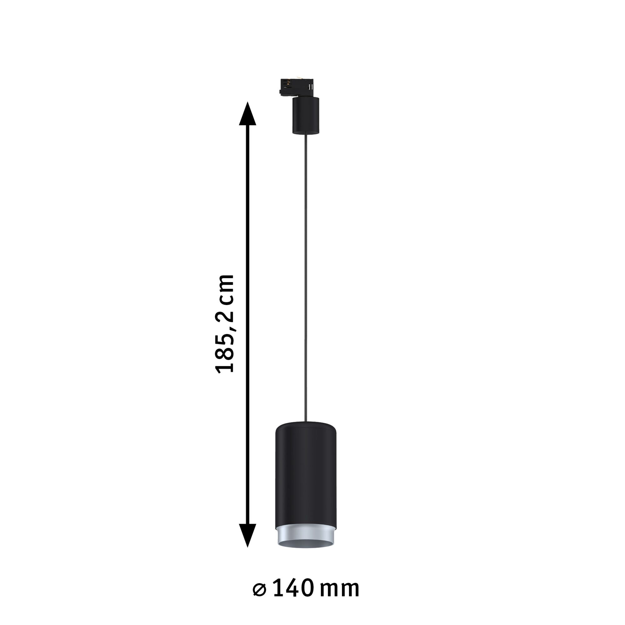 Schwarze Zylinder-Pendelleuchte aus Metall mit 185,2 cm Länge und 14 cm Durchmesser für moderne Beleuchtung