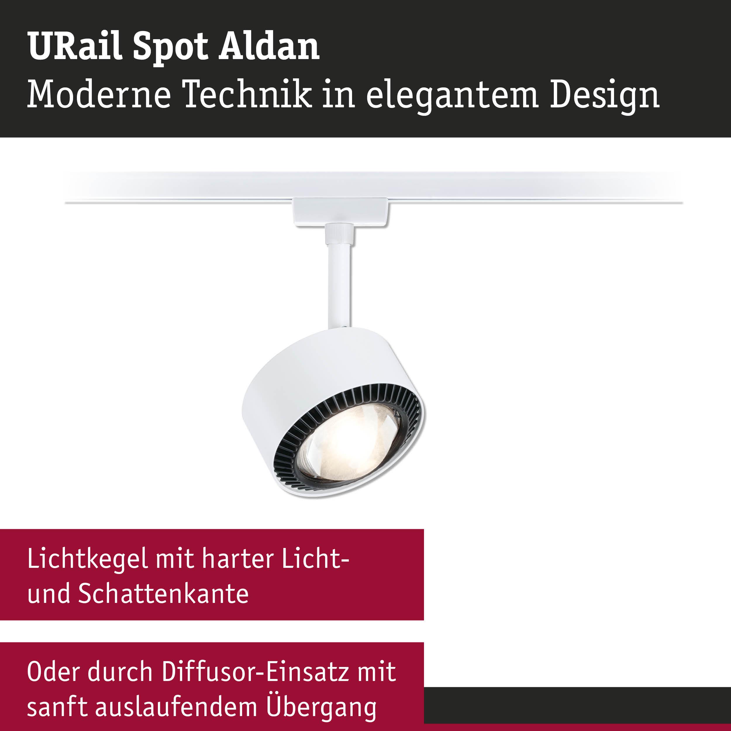 Weißer URail Spot Aldan LED-Strahler aus Metall mit modernem Design und scharfem Lichtkegel für Schienensysteme