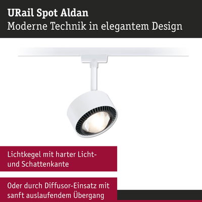 Weißer URail Spot Aldan LED-Strahler aus Metall mit modernem Design und scharfem Lichtkegel für Schienensysteme