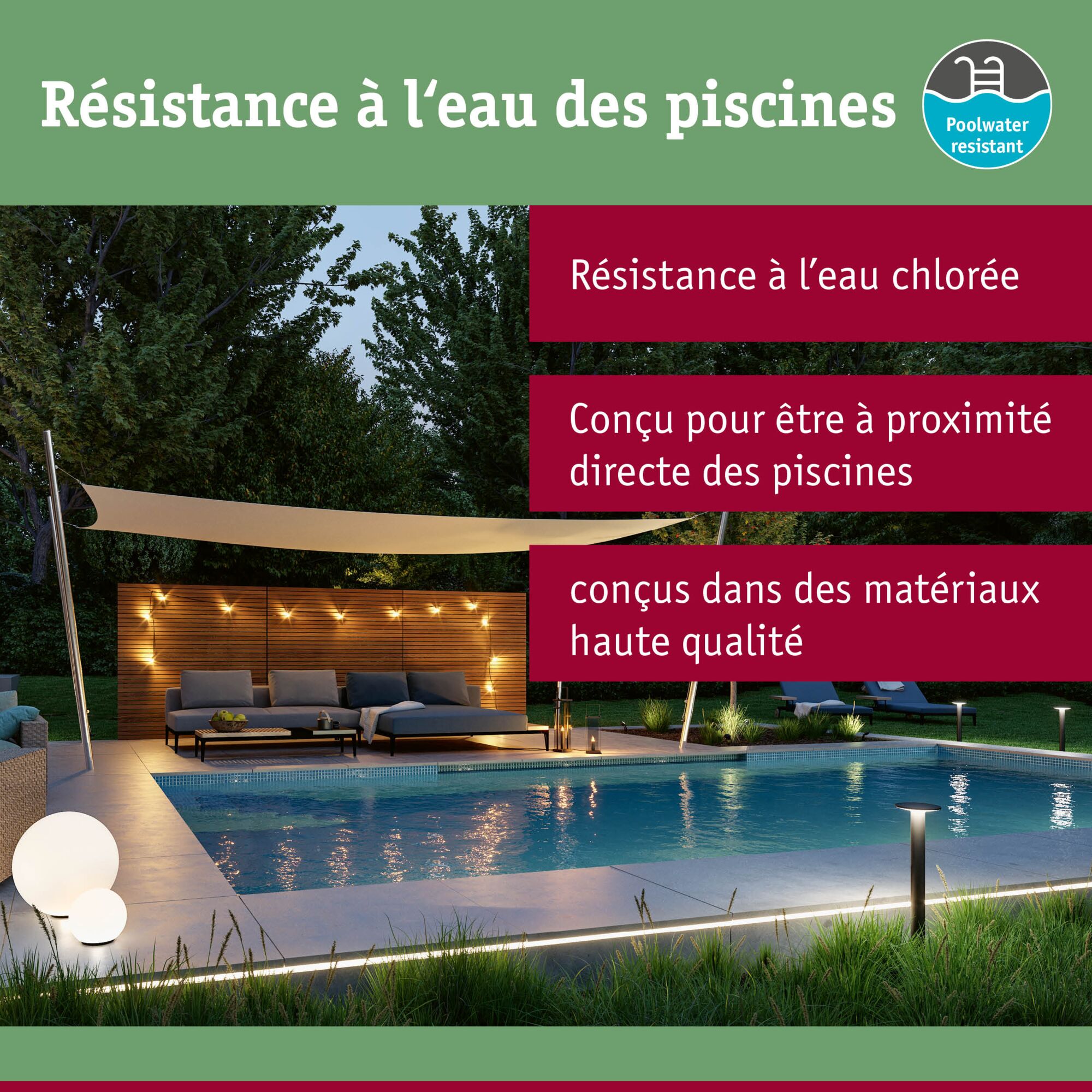 Éclairage extérieur résistant à l'eau de piscine avec lumière chaude sur terrasse moderne au bord de la piscine