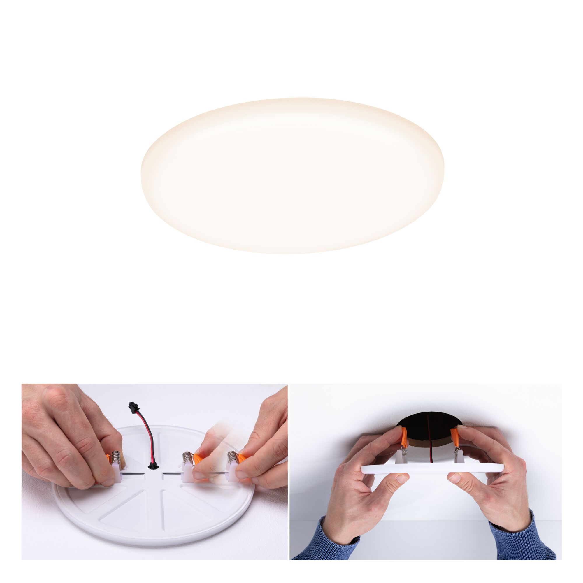 Round white LED ceiling light made of plastic with mounting clips, easy indoor installation