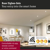 Modern living room featuring smart Zigbee 3.0 gateway for app and voice control in smart home setup