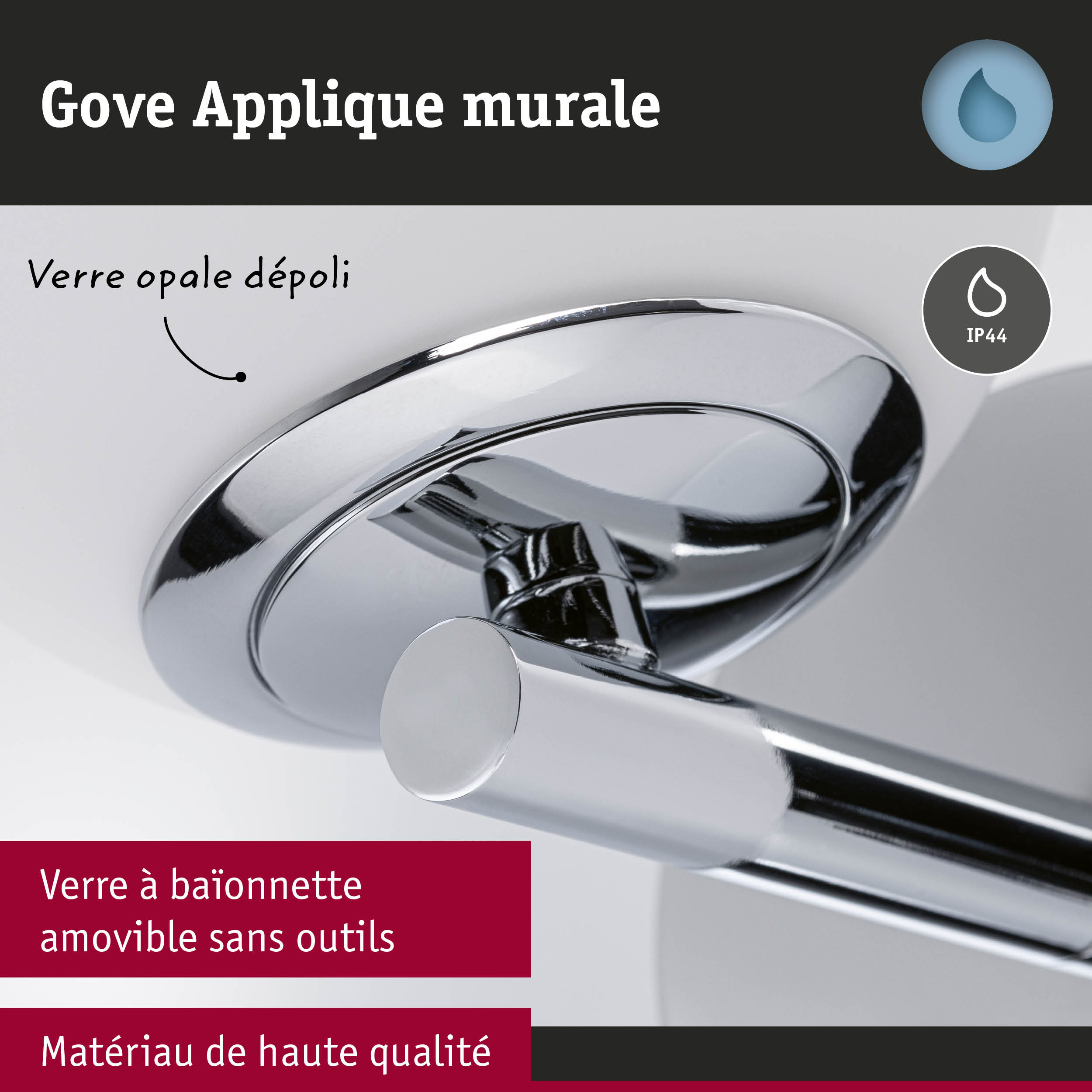 Applique murale Gove moderne en verre opale dépoli et matériau chromé de haute qualité pour salle de bain