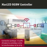 Schéma du contrôleur MaxLED RGBW illustrant la connexion simple entre transformateur et bande LED pour contrôle lumineux