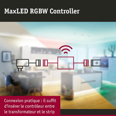 Schéma du contrôleur MaxLED RGBW illustrant la connexion simple entre transformateur et bande LED pour contrôle lumineux