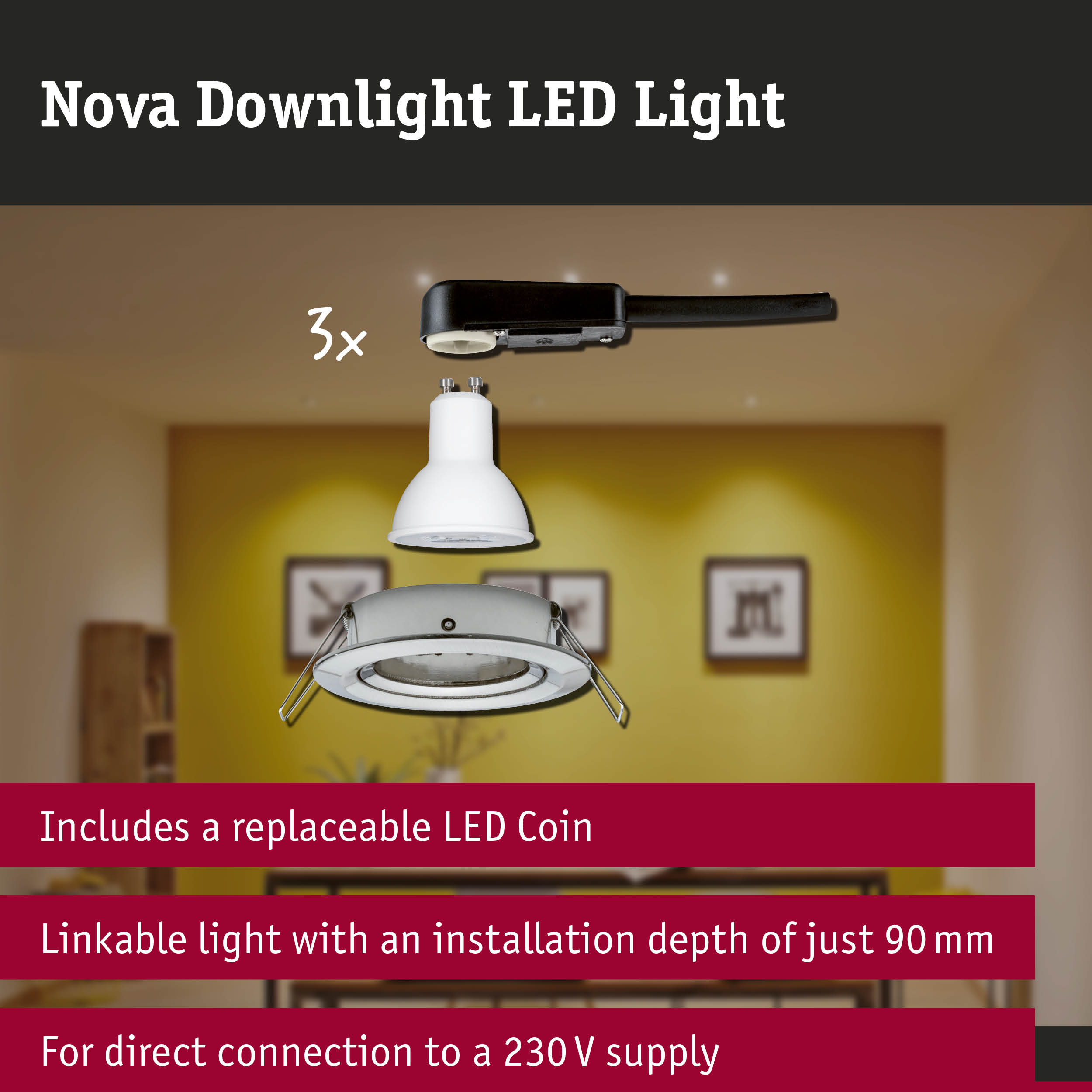 LED Downlight 3-Step-Dim Nova Basic Set Swivelling round 84mm 50° GU10 3x6,5W 3x460lm 230V dimmable 2700K Brushed iron