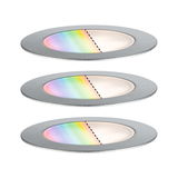 Trois spots LED encastrés ronds en aluminium brossé avec température de couleur réglable et changement RGB.