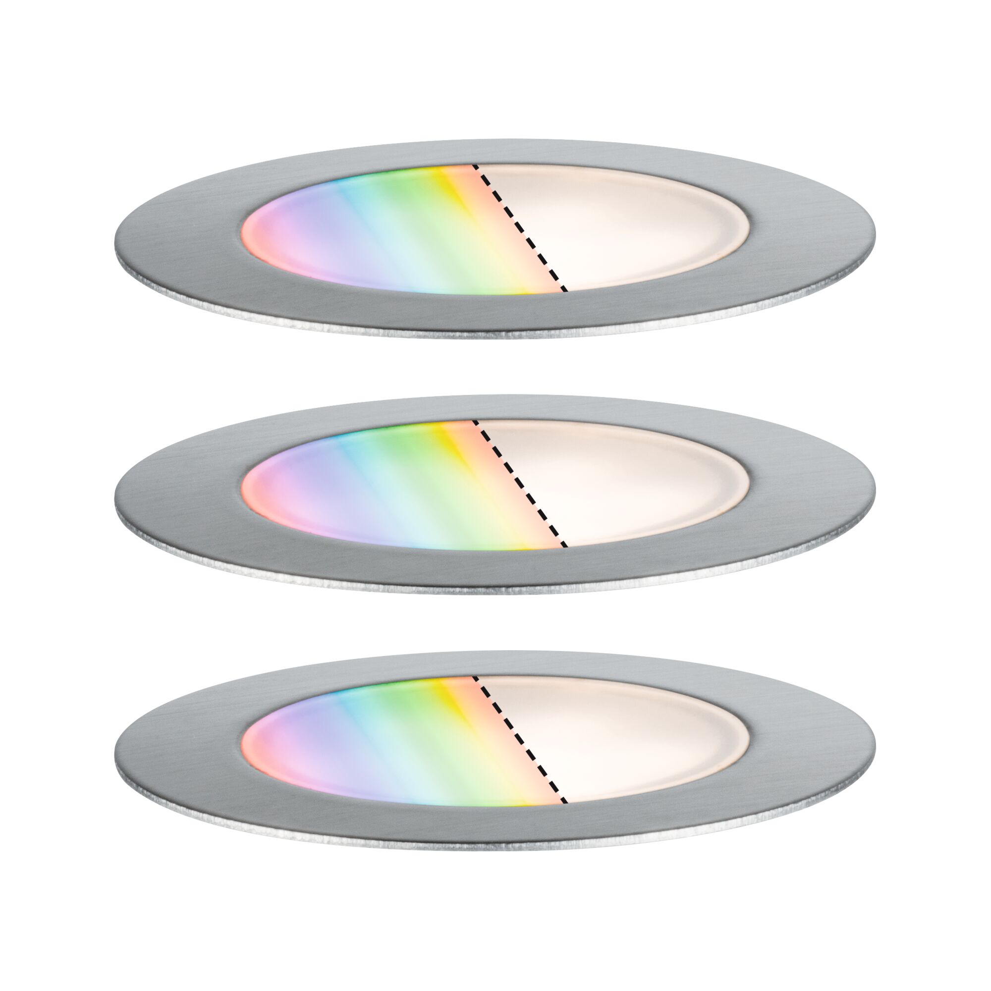 Three round LED recessed lights in brushed aluminum with dimmable color temperature and RGB color change.