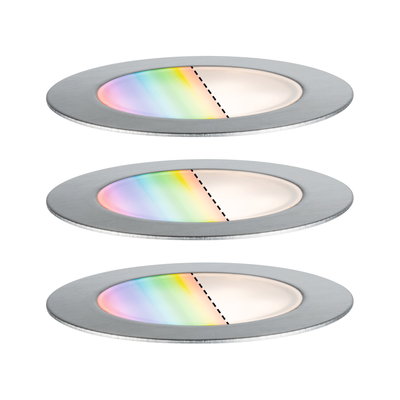 Three round LED recessed lights in brushed aluminum with dimmable color temperature and RGB color change.