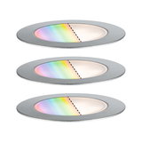 Drie ronde LED-inbouwspots van geborsteld aluminium met dimbare kleurtemperatuur en RGB-kleurwissel.