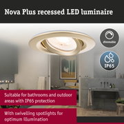 Nova Plus gold recessed LED spotlight with IP65 protection, dimmable, suitable for bathrooms and outdoor use