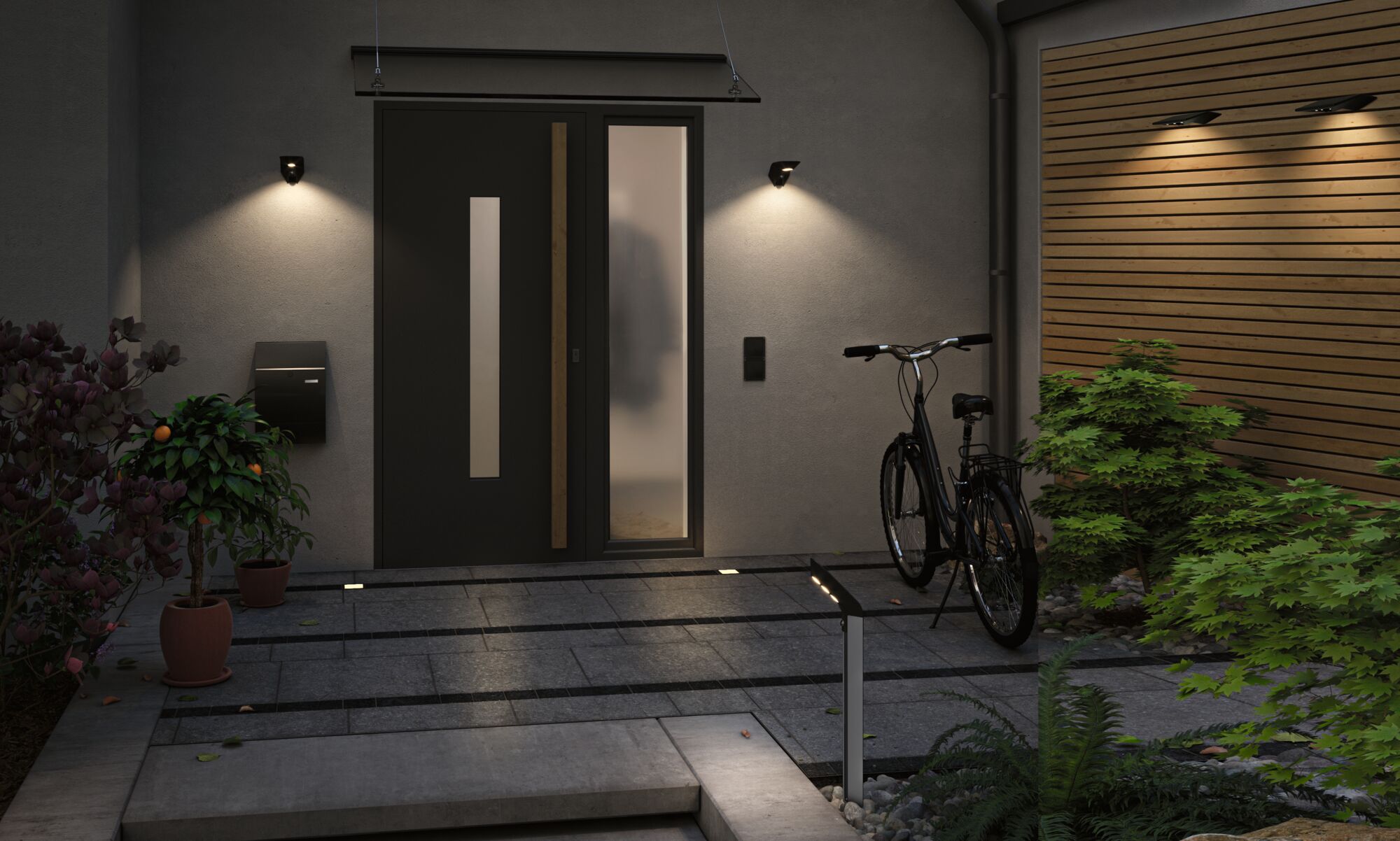 Moderne huisentree met zwarte deur, LED-wandlampen en metalen glazen tuinverlichting buiten.