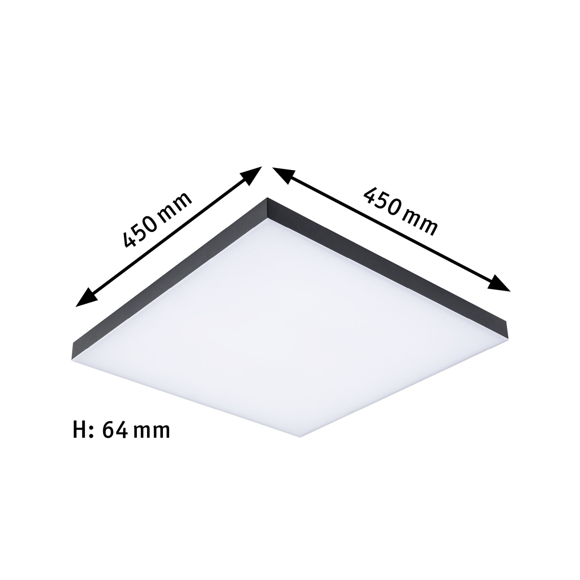Square white LED ceiling light with black frame, dimensions 450x450x64 mm, modern room lighting
