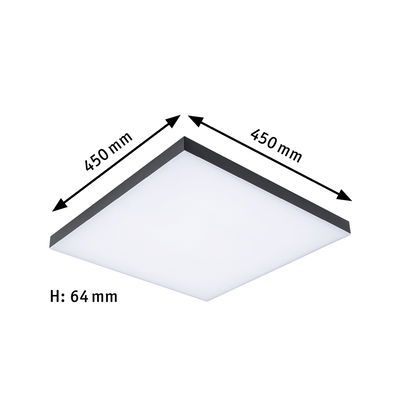 Square white LED ceiling light with black frame, dimensions 450x450x64 mm, modern room lighting