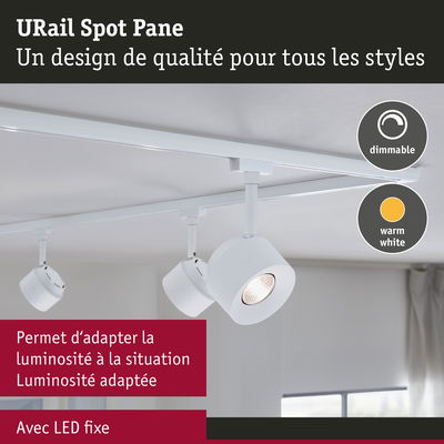 Spot LED URail Spot Pane blanc avec lumière chaude dimmable fixé au plafond