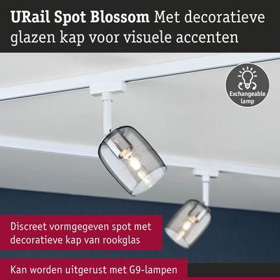 URail Spot Blossom met decoratieve kap van rookglas en wit railsysteem voor stijlvolle verlichting