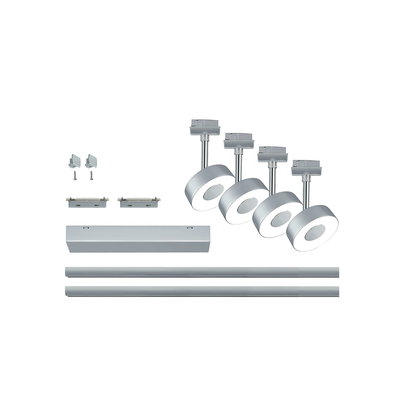 Modular silver LED track lighting system with four round spotlights and accessories for flexible lighting