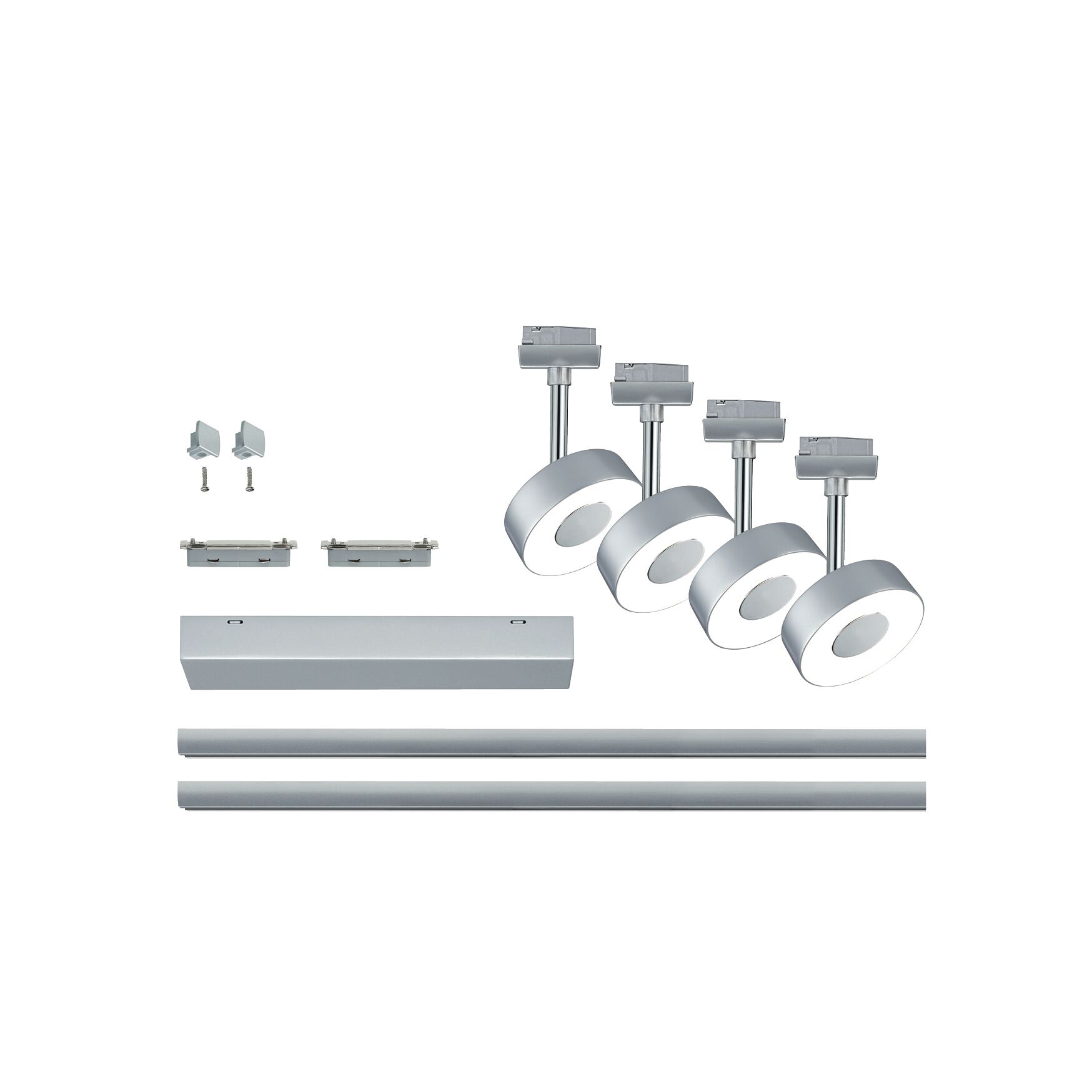 Système d'éclairage sur rail LED modulaire argenté avec quatre spots ronds et accessoires pour éclairage flexible