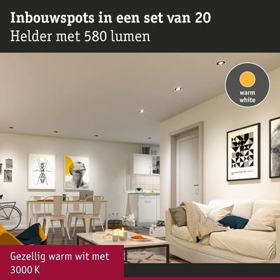 Set van 20 warm witte inbouwspots met 580 lumen voor sfeervolle verlichting bij 3000 K