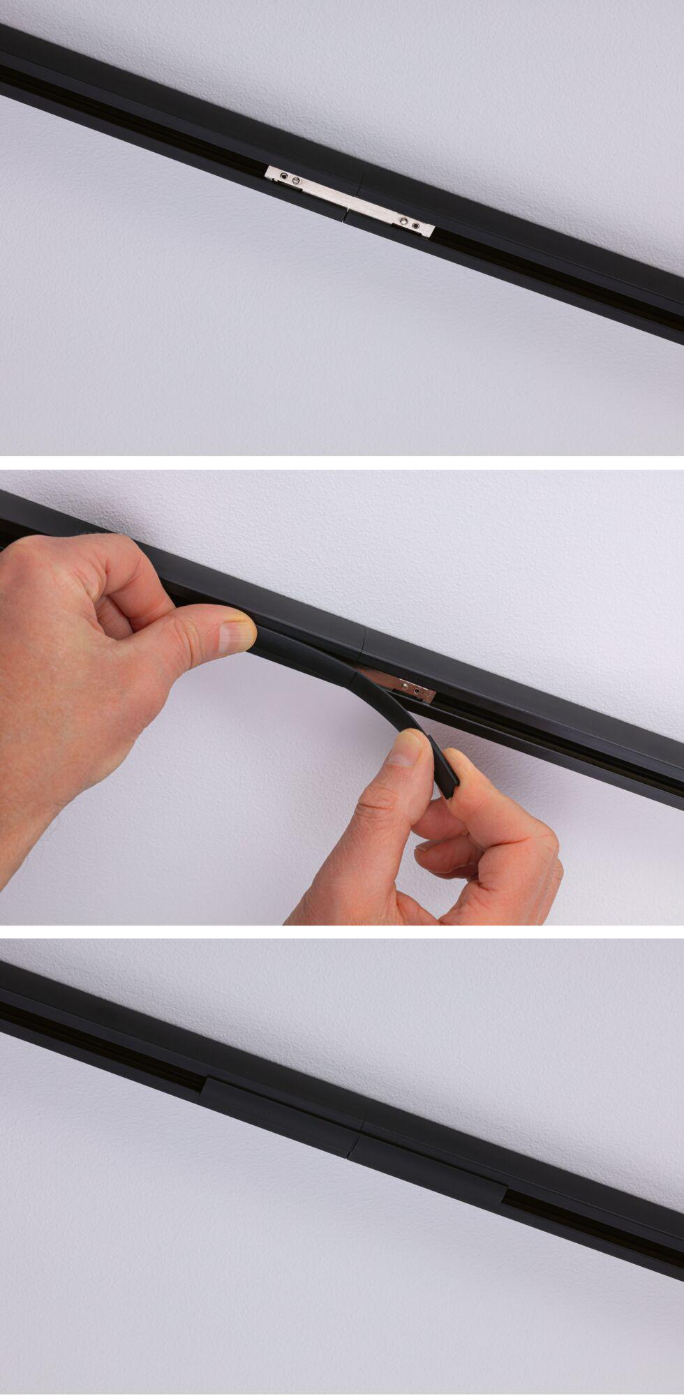 Black plastic cover for track lighting rail with installation steps on white wall, lighting system accessory