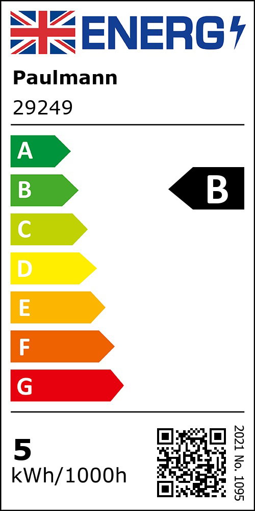 Energy efficiency label rated B with 5 kWh/1000h consumption for Paulmann product 29249