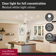 Modern kitchen illuminated by dimmable neutral white LED ceiling lights with 25000 hours long lifetime