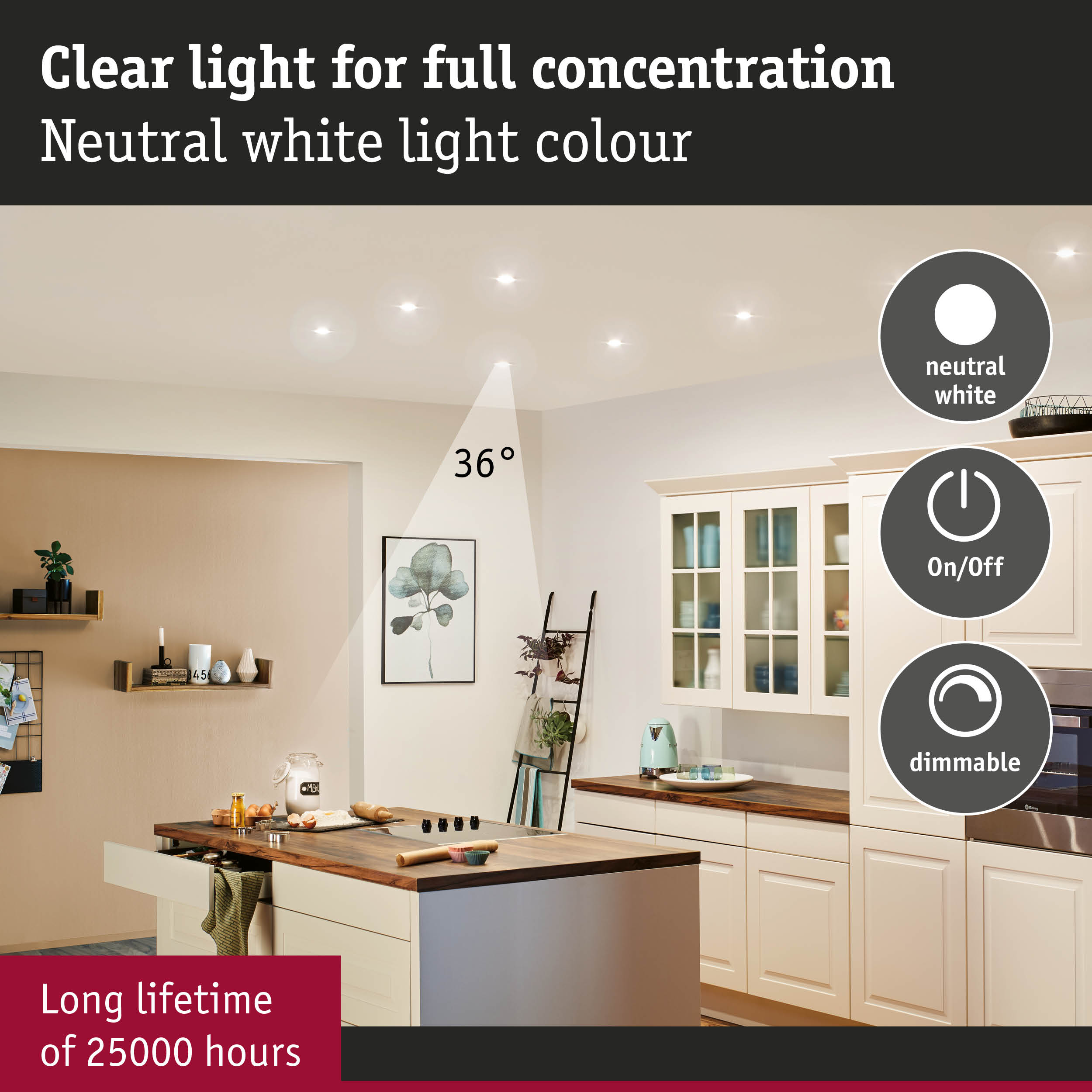 Modern kitchen illuminated by dimmable neutral white LED ceiling lights with 25000 hours long lifetime