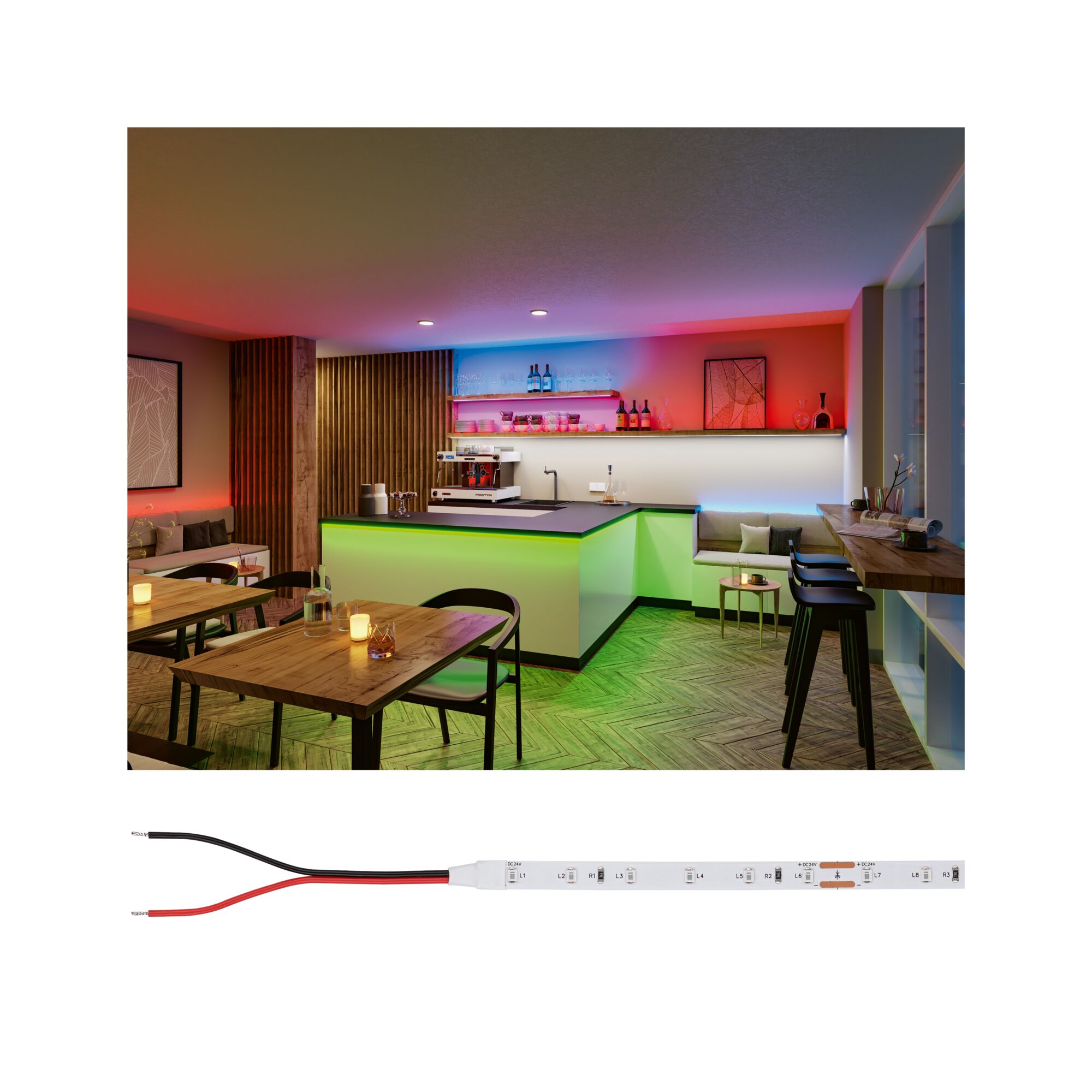 Pro Strip LED Strip Silver P25 LED blue 5m 20W 60lm/m 60 LEDs/m RGB LED strip lighting creating ambient colors in a modern bar and kitchen setting for mood lighting.