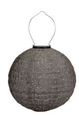Round grey paper lantern with floral cutout pattern and metal handle for hanging, decorative LED light
