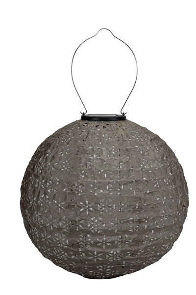 Round grey paper lantern with floral cutout pattern and metal handle for hanging, decorative LED light